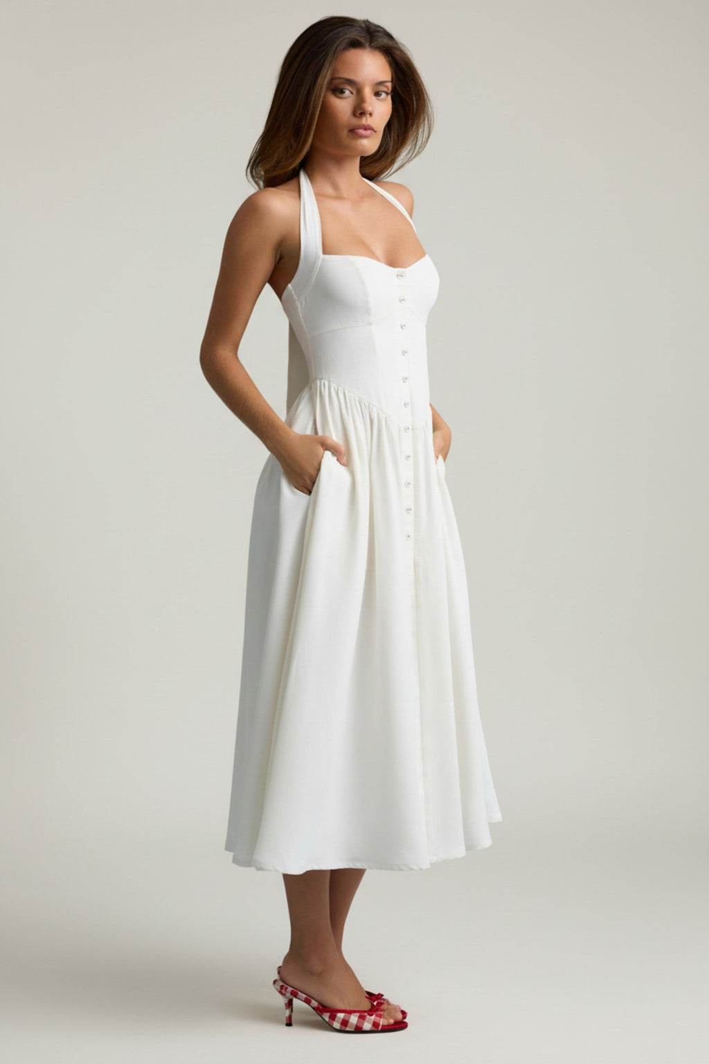 Button-Detail Halterneck Midaxi Dress in White