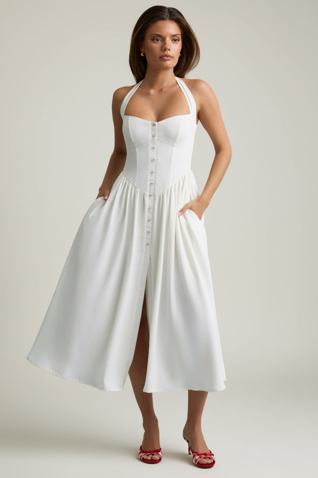 Button-Detail Halterneck Midaxi Dress in White