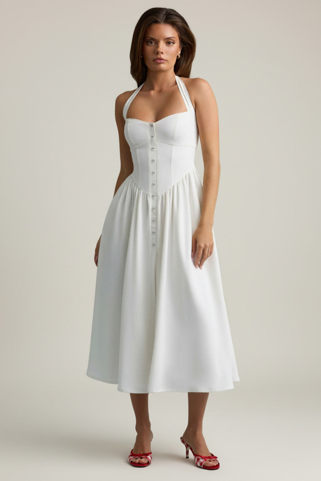 Button-Detail Halterneck Midaxi Dress in White