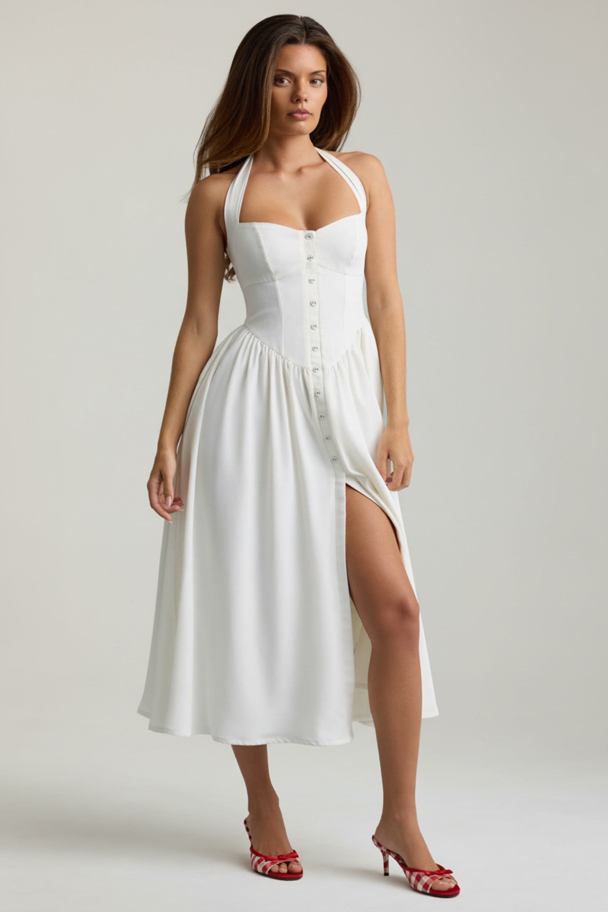 Button-Detail Halterneck Midaxi Dress in White