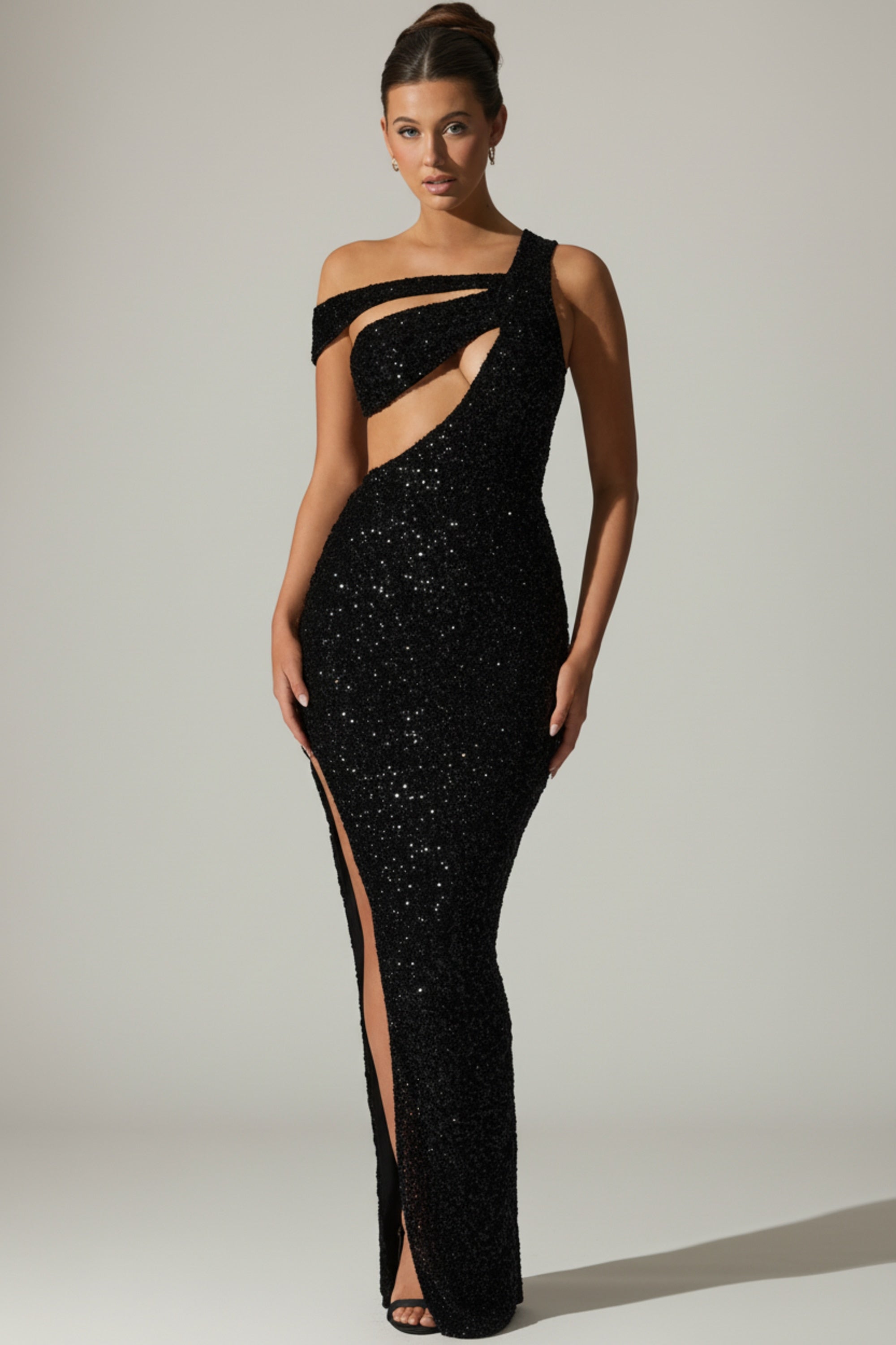 Embellished Asymmetric Cut-Out Gown in Black