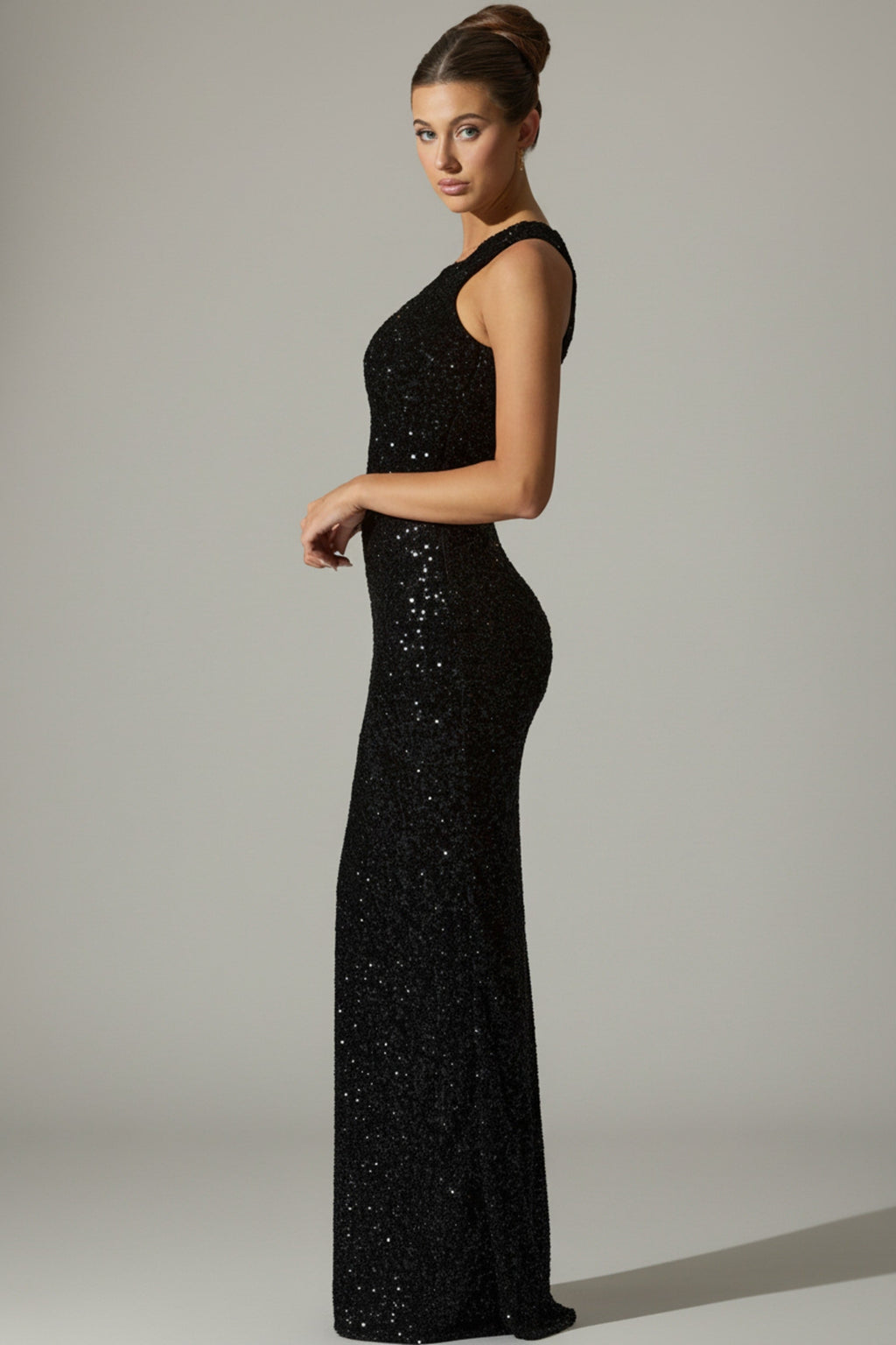 Embellished Asymmetric Cut-Out Gown in Black