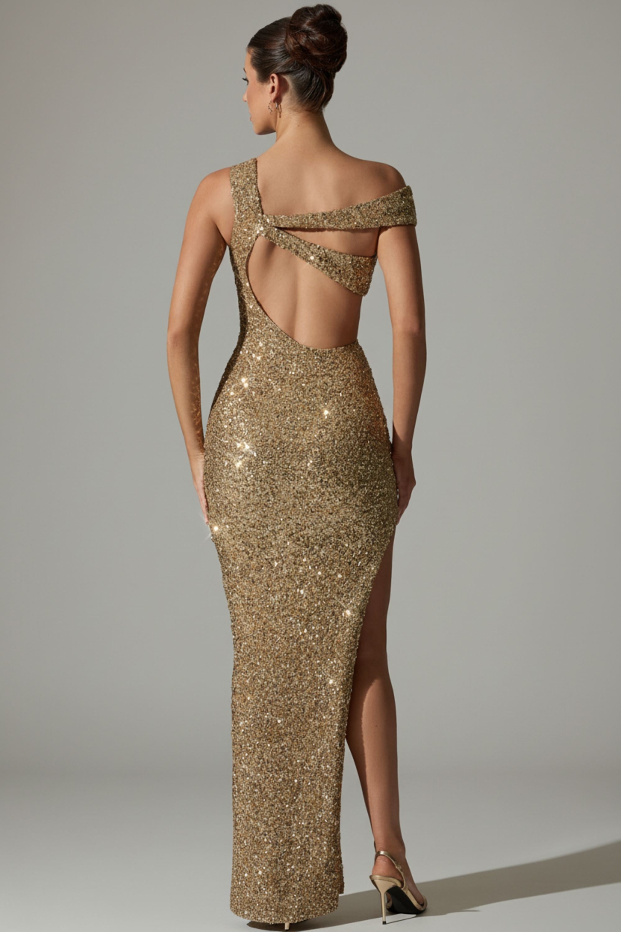 Embellished Asymmetric Cut-Out Gown in Gold