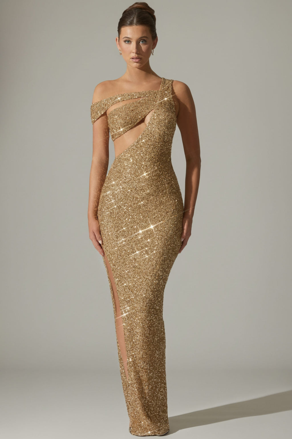 Embellished Asymmetric Cut-Out Gown in Gold