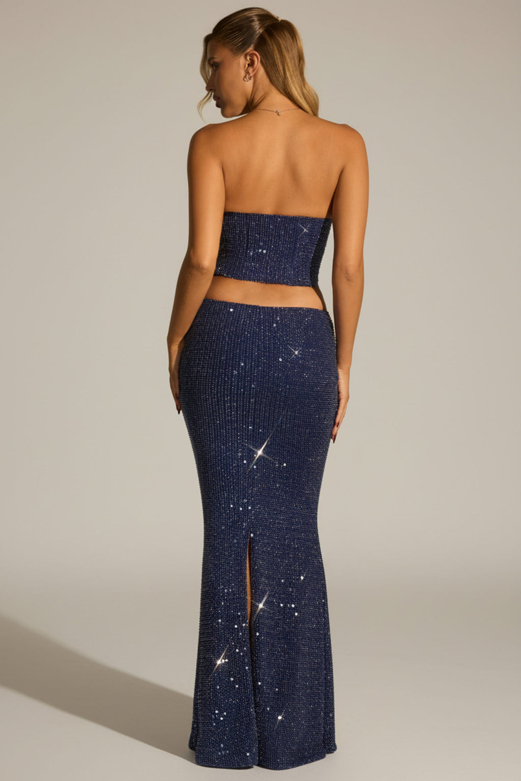 Embellished Cut-Out Draped Corset Gown in Midnight Blue