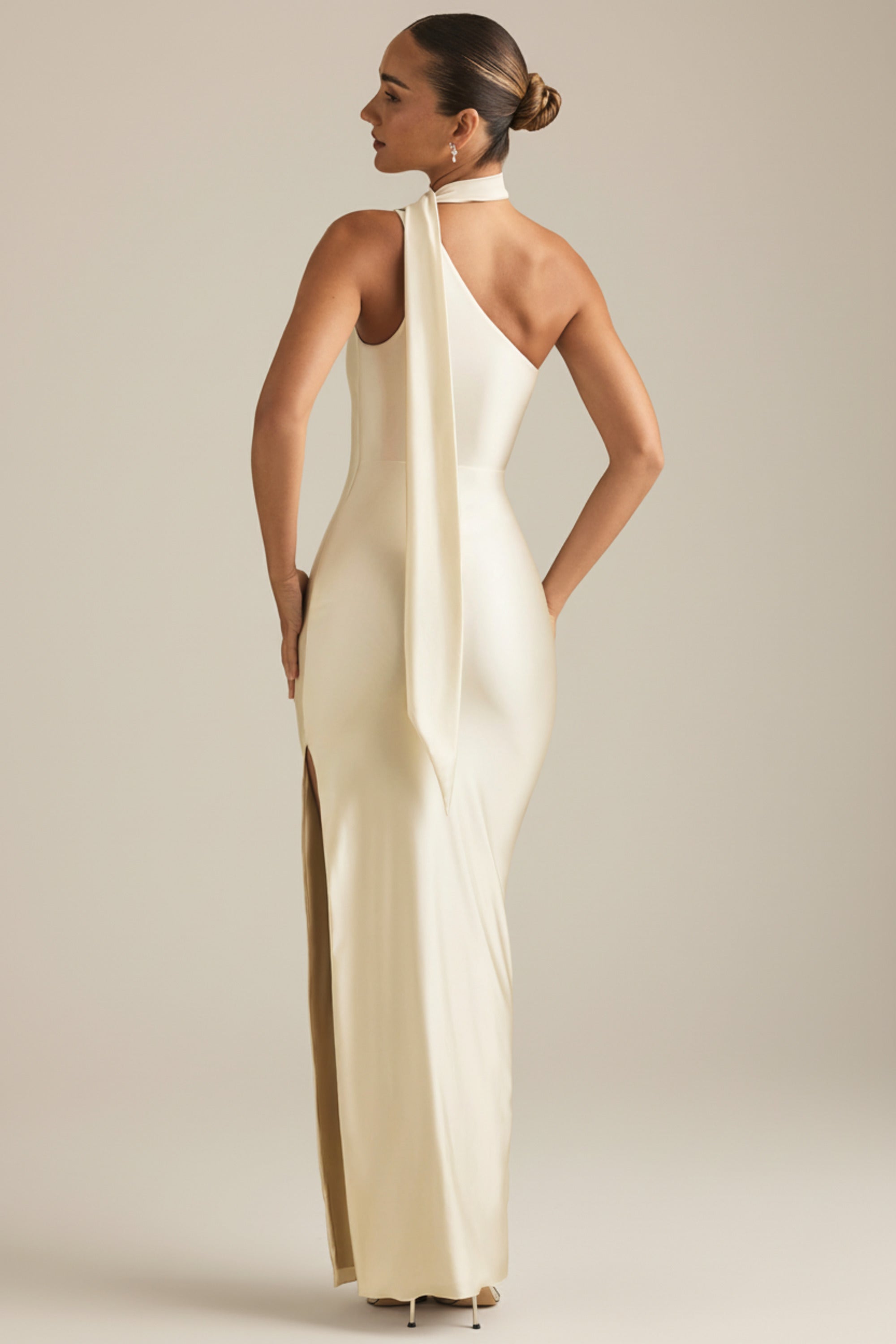 Asymmetric Scarf-Detail Maxi Dress in Ivory