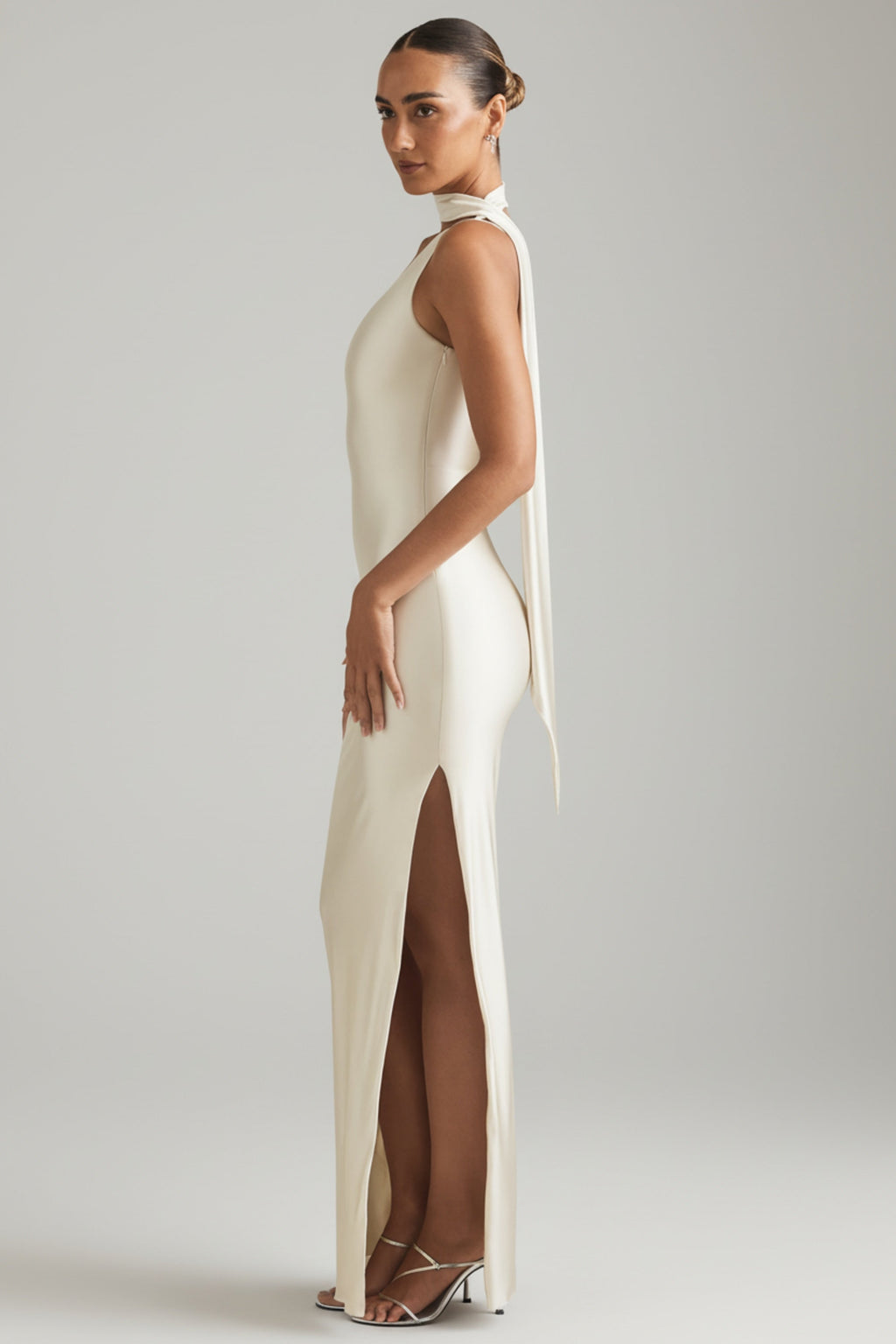 Asymmetric Scarf-Detail Maxi Dress in Ivory