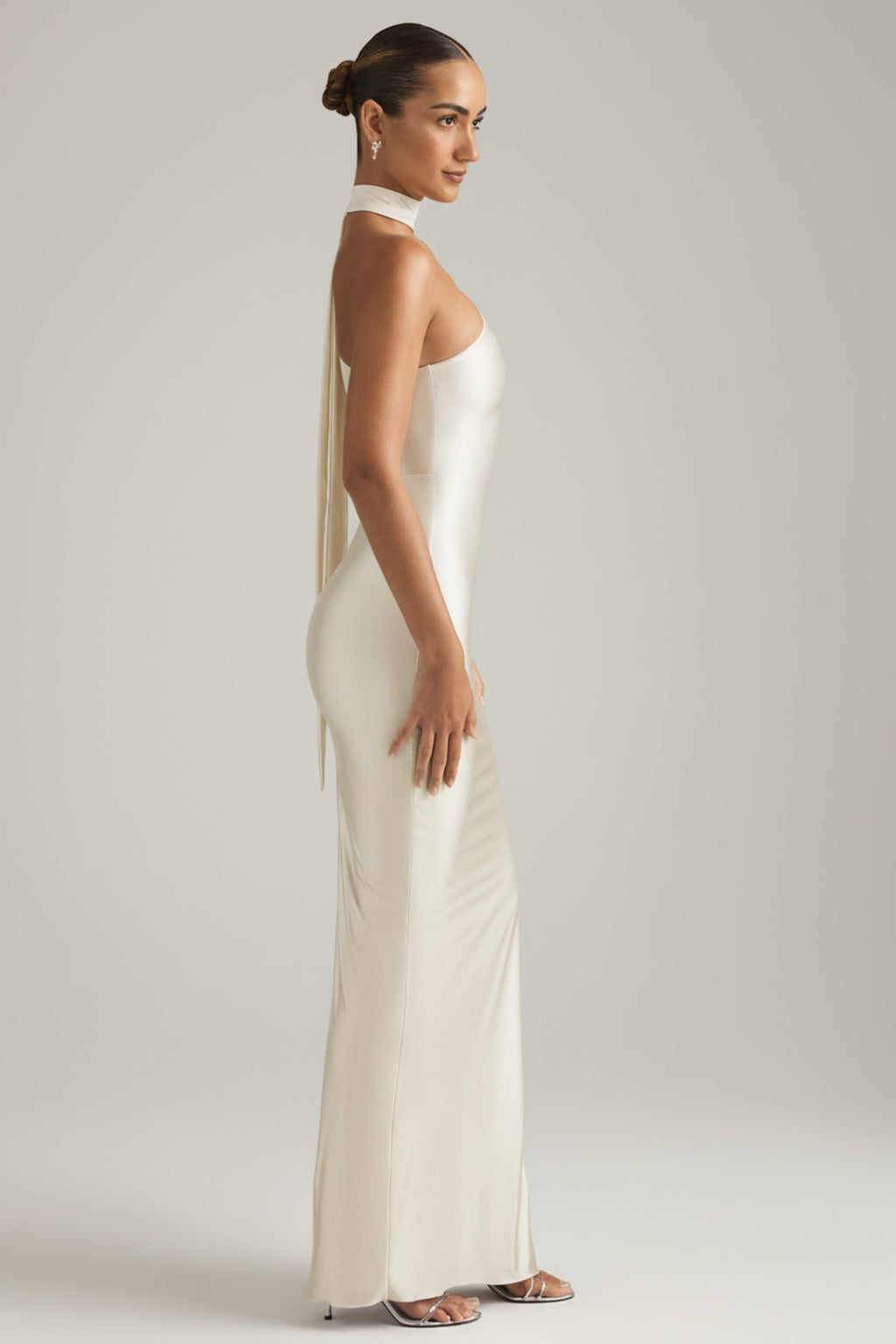 Asymmetric Scarf-Detail Maxi Dress in Ivory