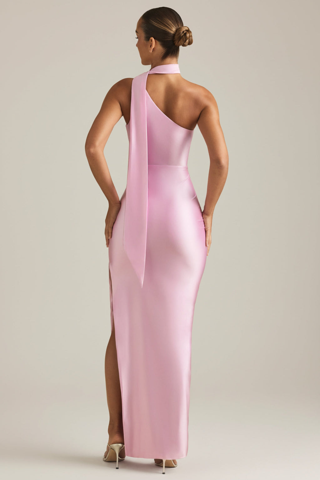 Asymmetric Scarf-Detail Maxi Dress in Soft Pink