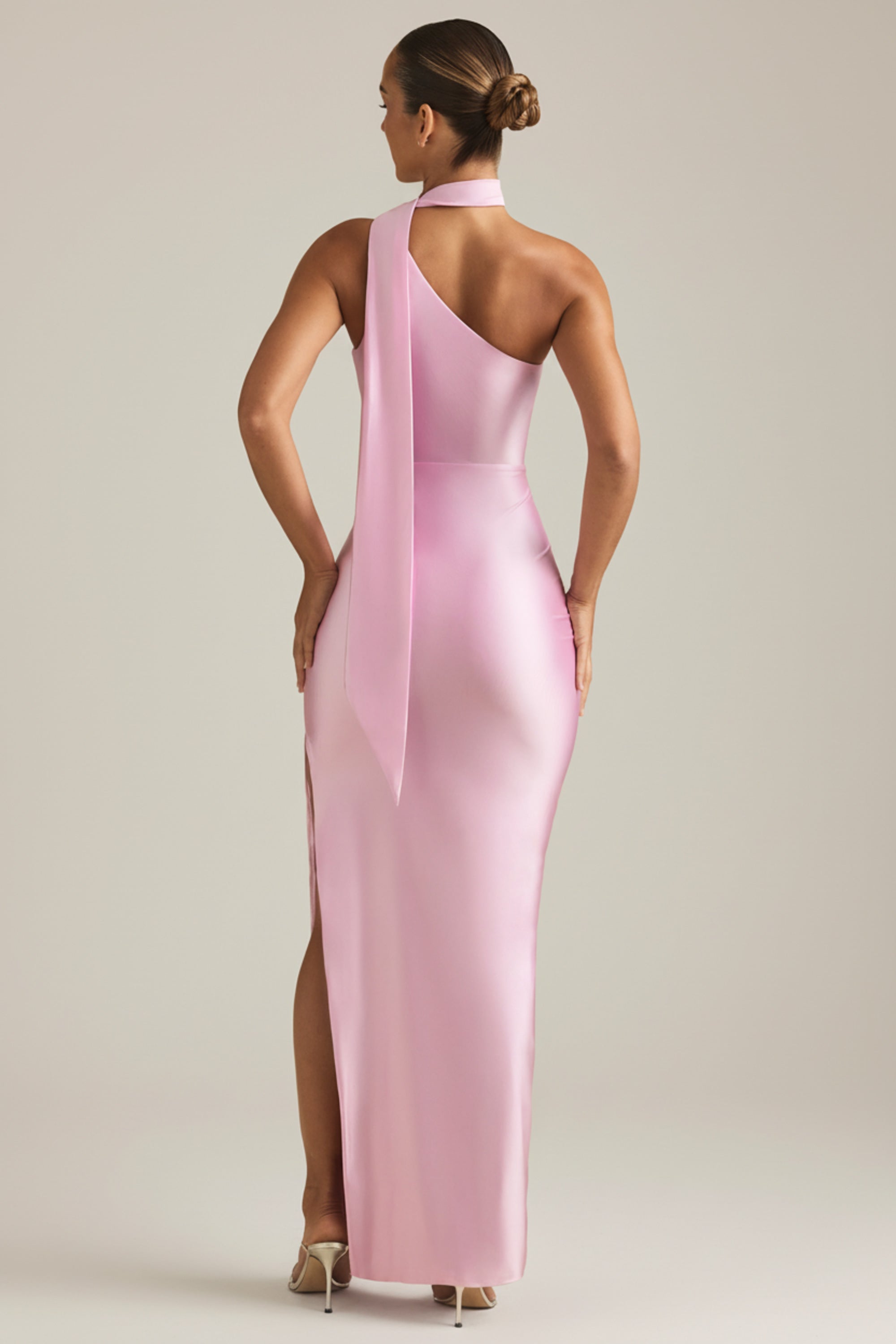 Asymmetric Scarf-Detail Maxi Dress in Soft Pink