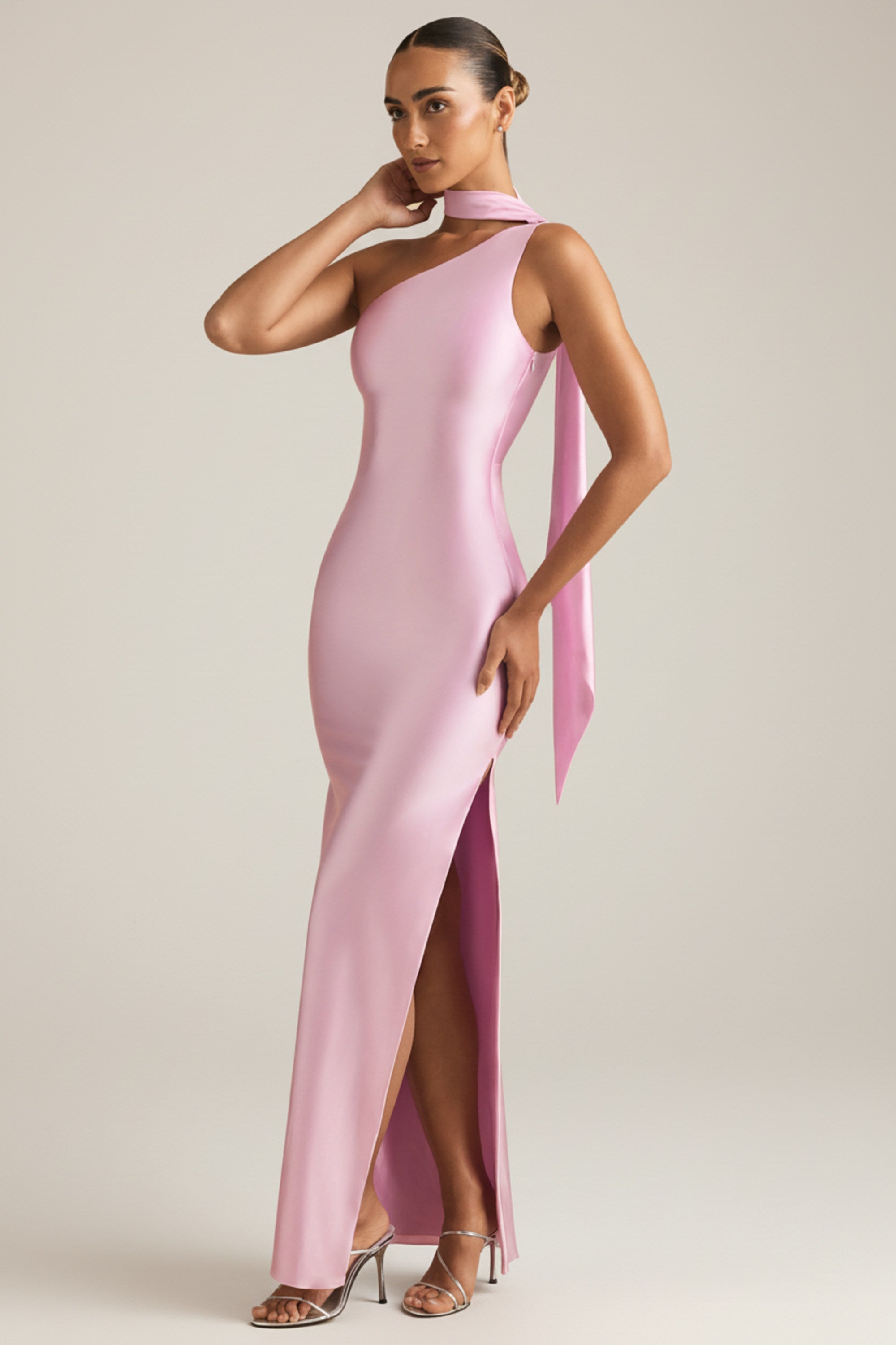 Asymmetric Scarf-Detail Maxi Dress in Soft Pink