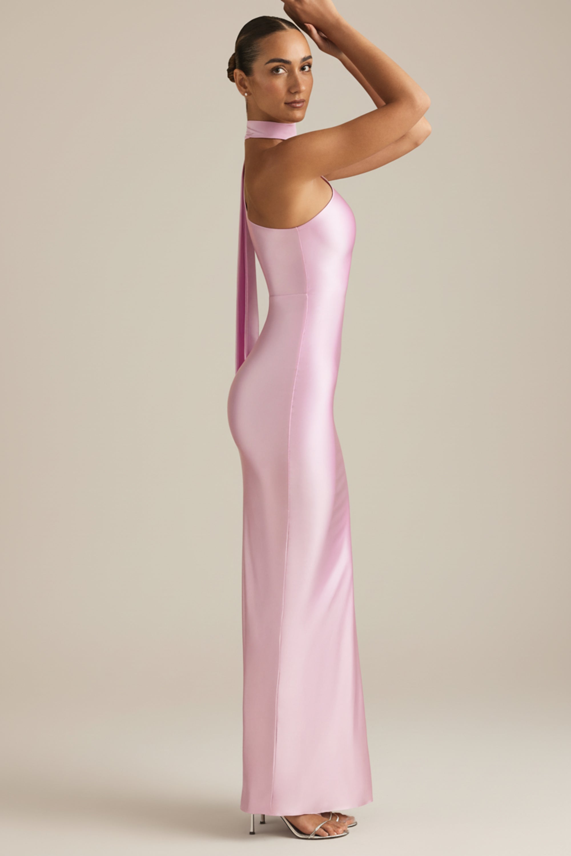 Asymmetric Scarf-Detail Maxi Dress in Soft Pink