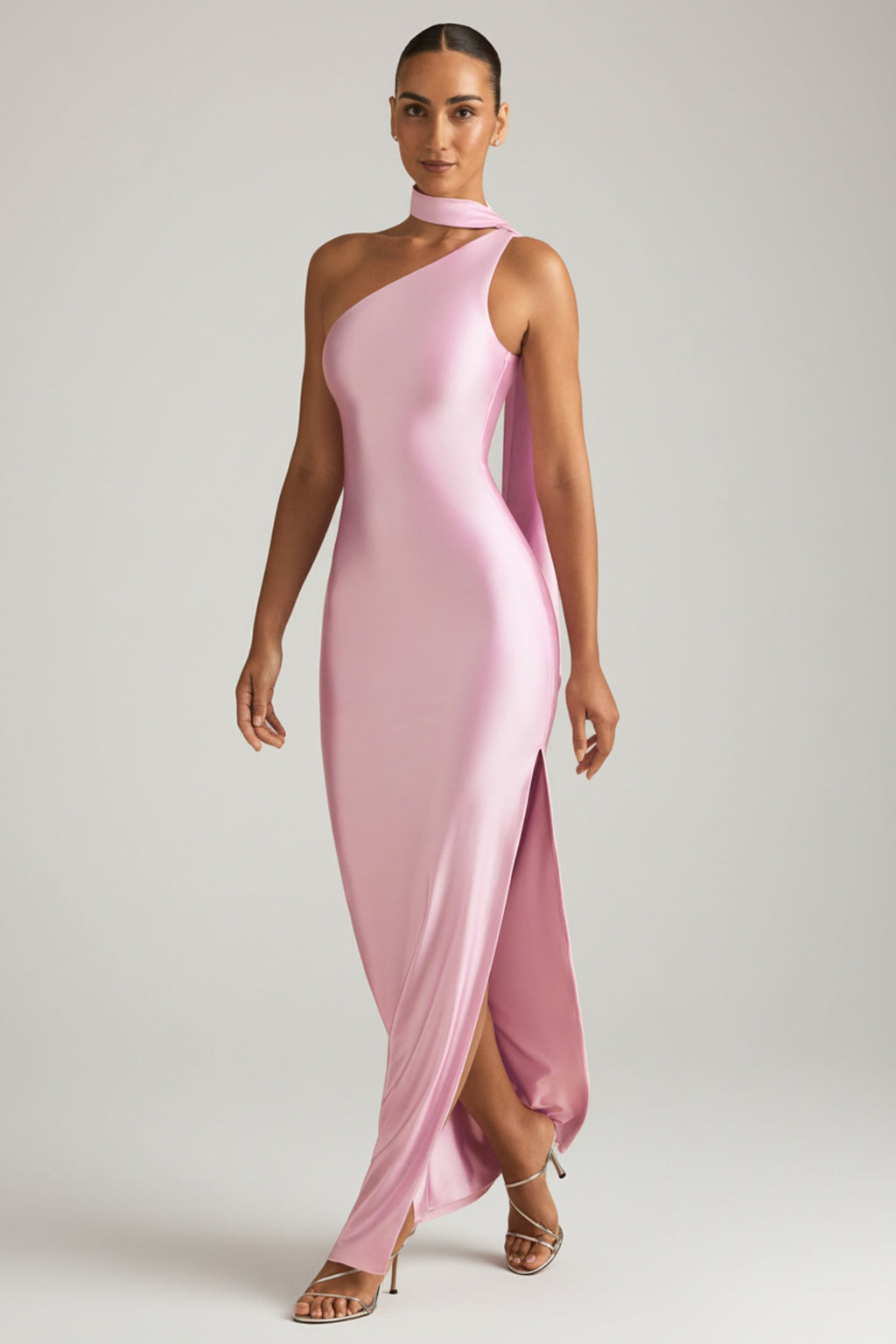 Asymmetric Scarf-Detail Maxi Dress in Soft Pink
