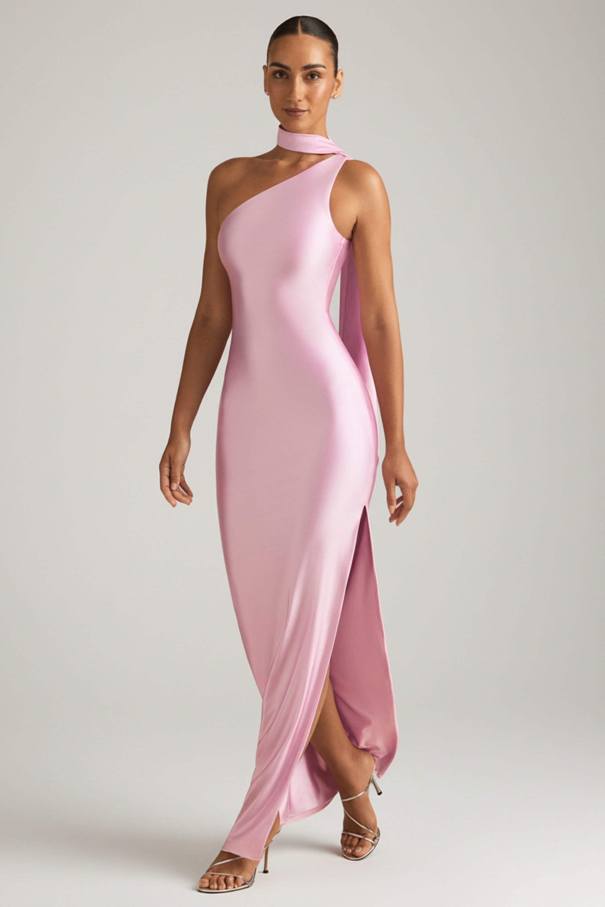 Asymmetric Scarf-Detail Maxi Dress in Soft Pink