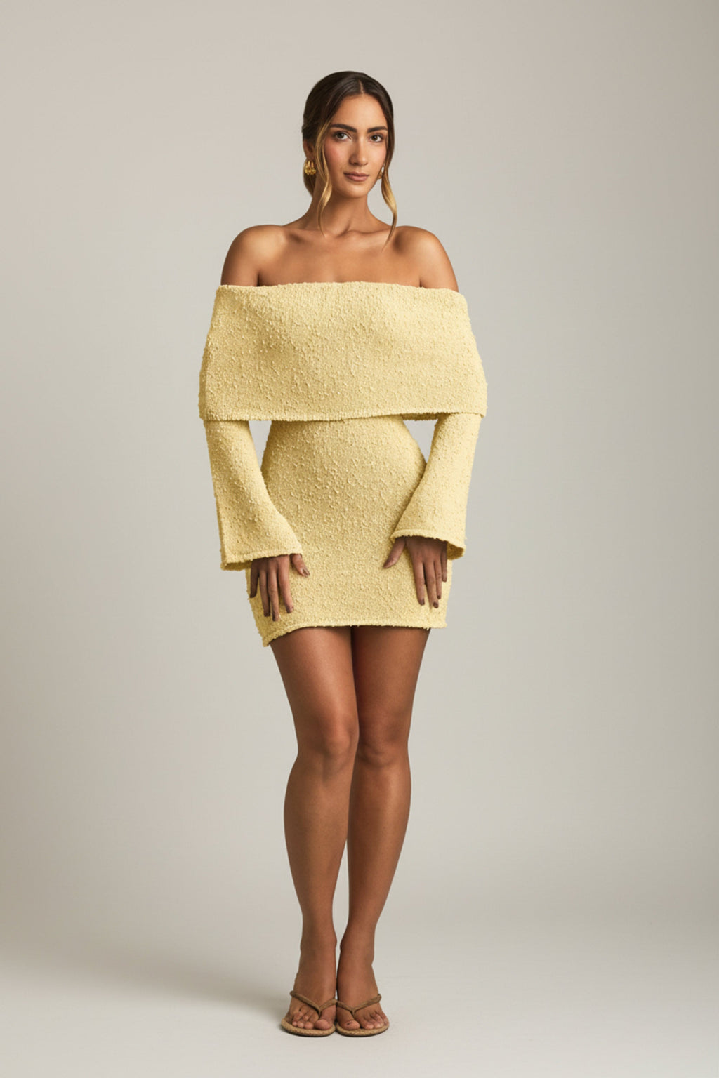 Bouclé Off-Shoulder Mini Dress in Yellow