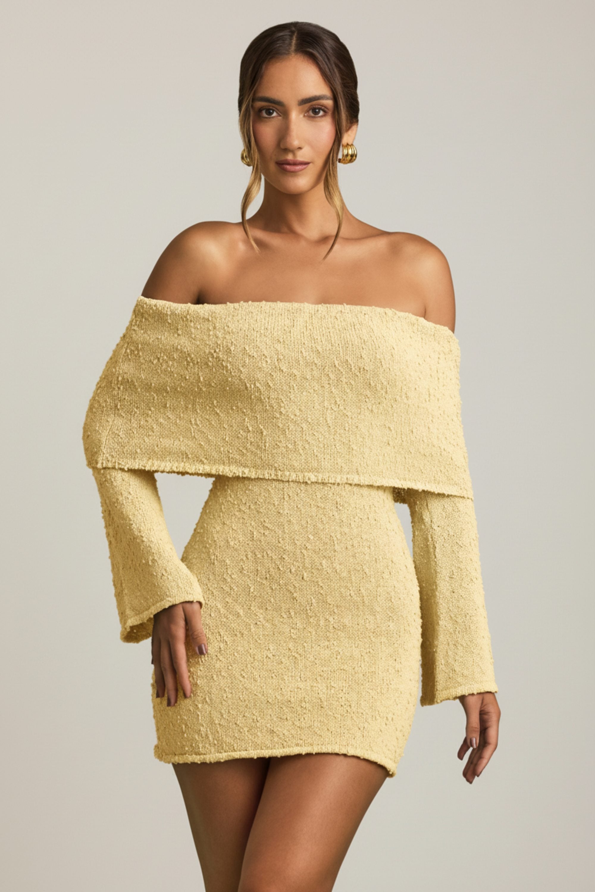 Bouclé Off-Shoulder Mini Dress in Yellow