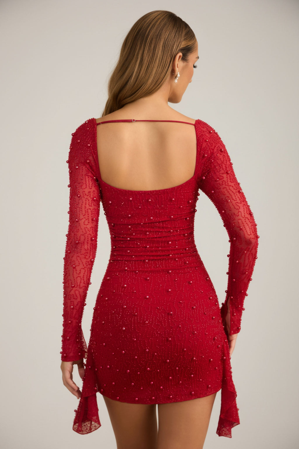 Embellished Cowl-Neck Draped Mini Dress in True Red
