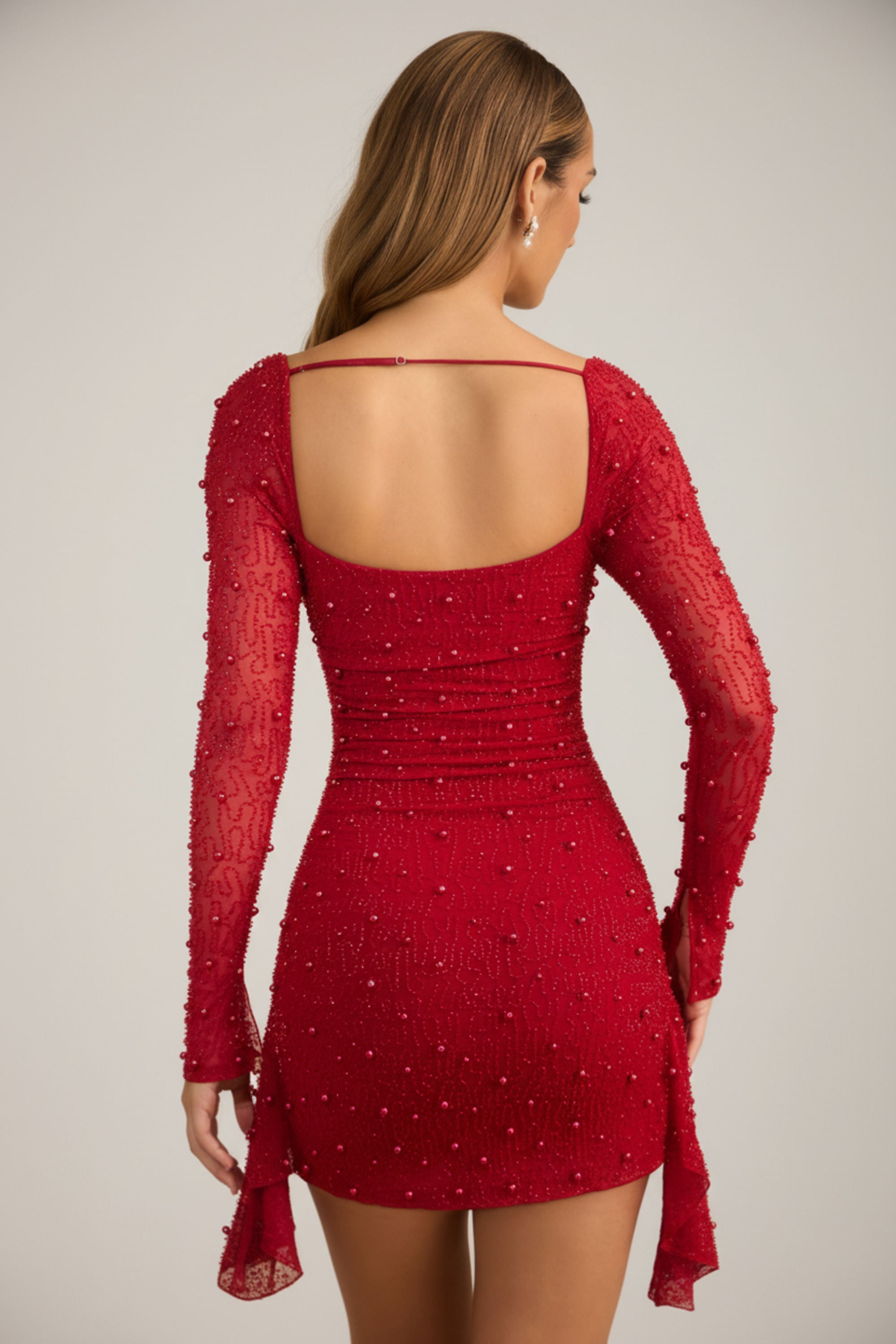 Embellished Cowl-Neck Draped Mini Dress in True Red