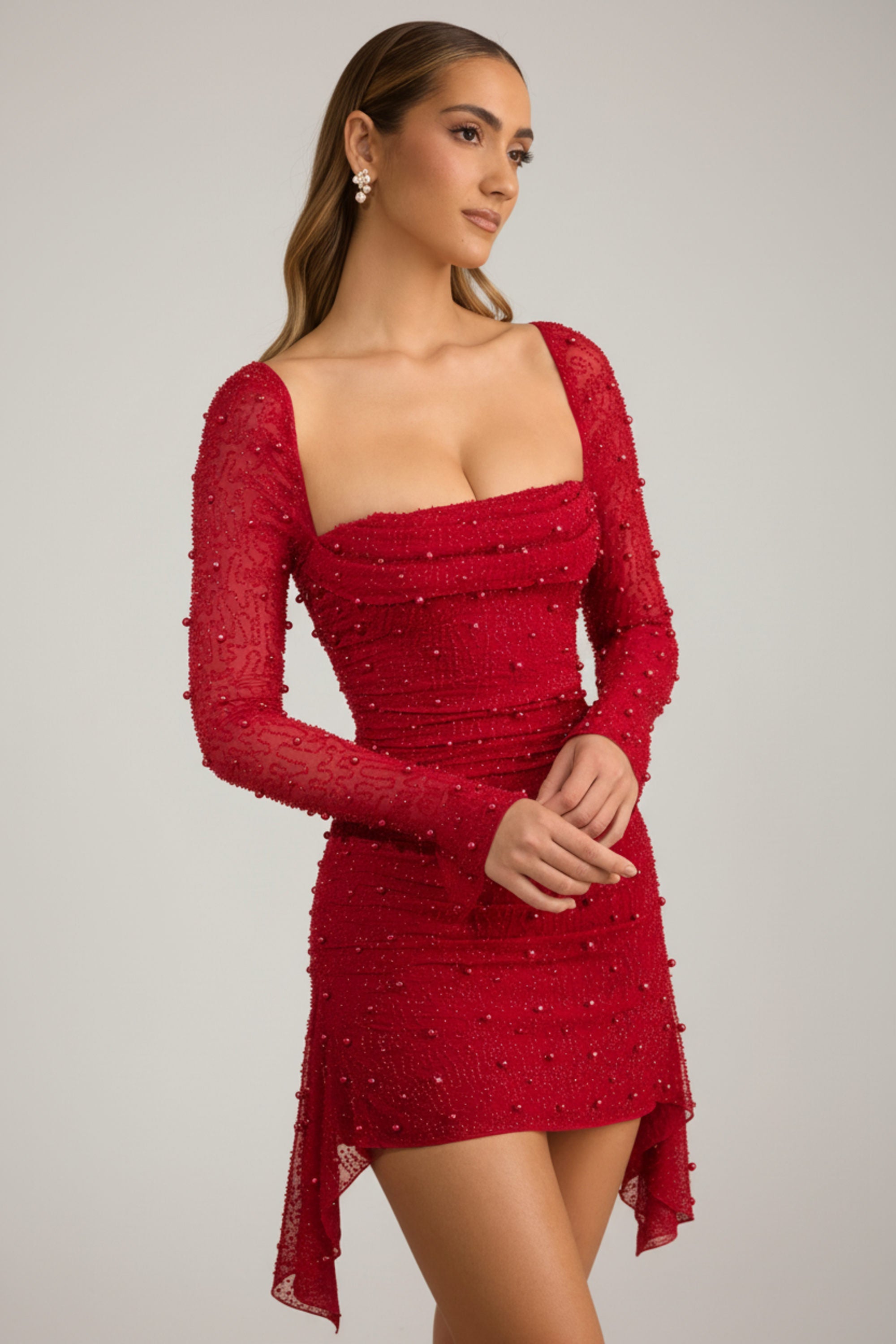 Embellished Cowl-Neck Draped Mini Dress in True Red