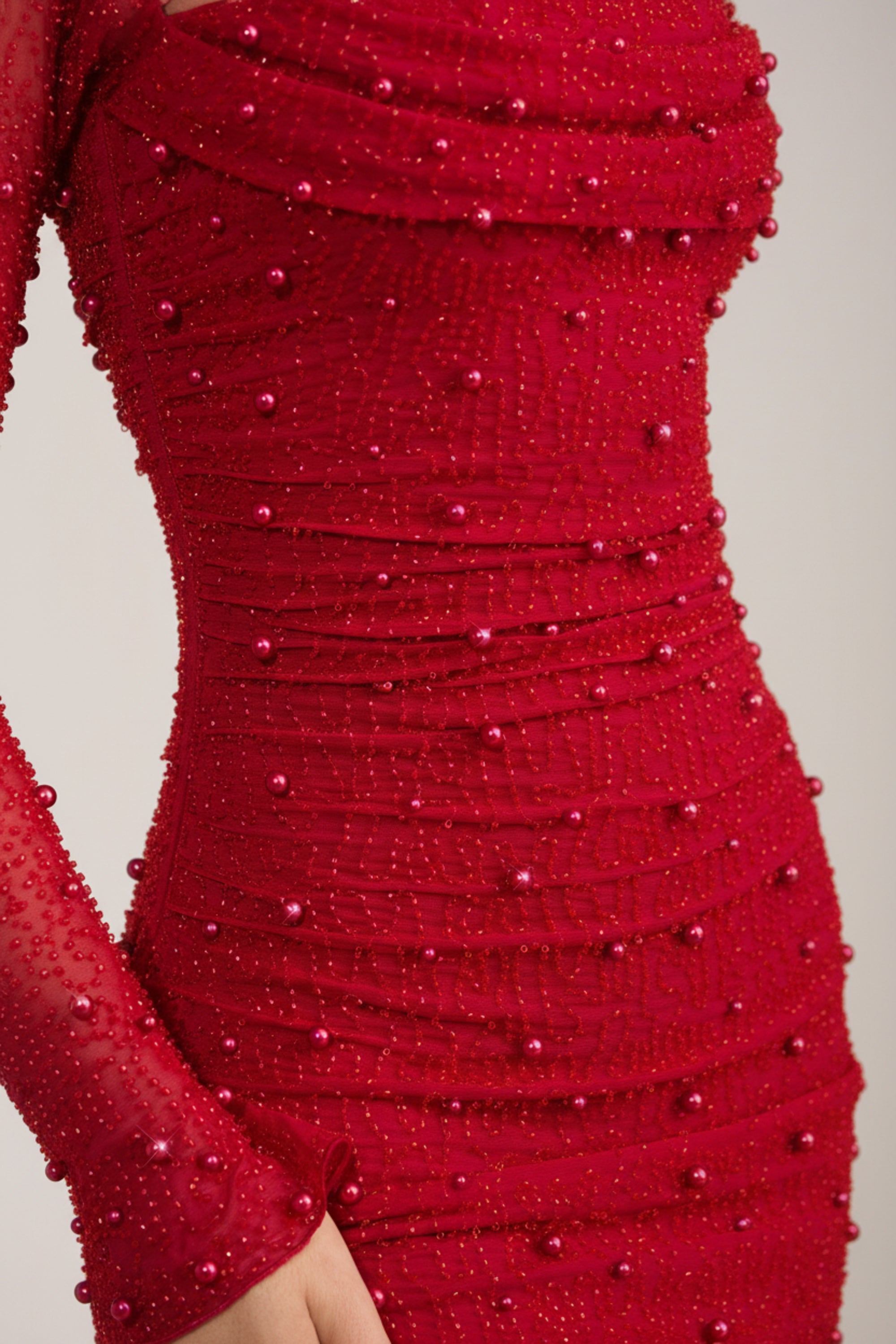 Embellished Cowl-Neck Draped Mini Dress in True Red