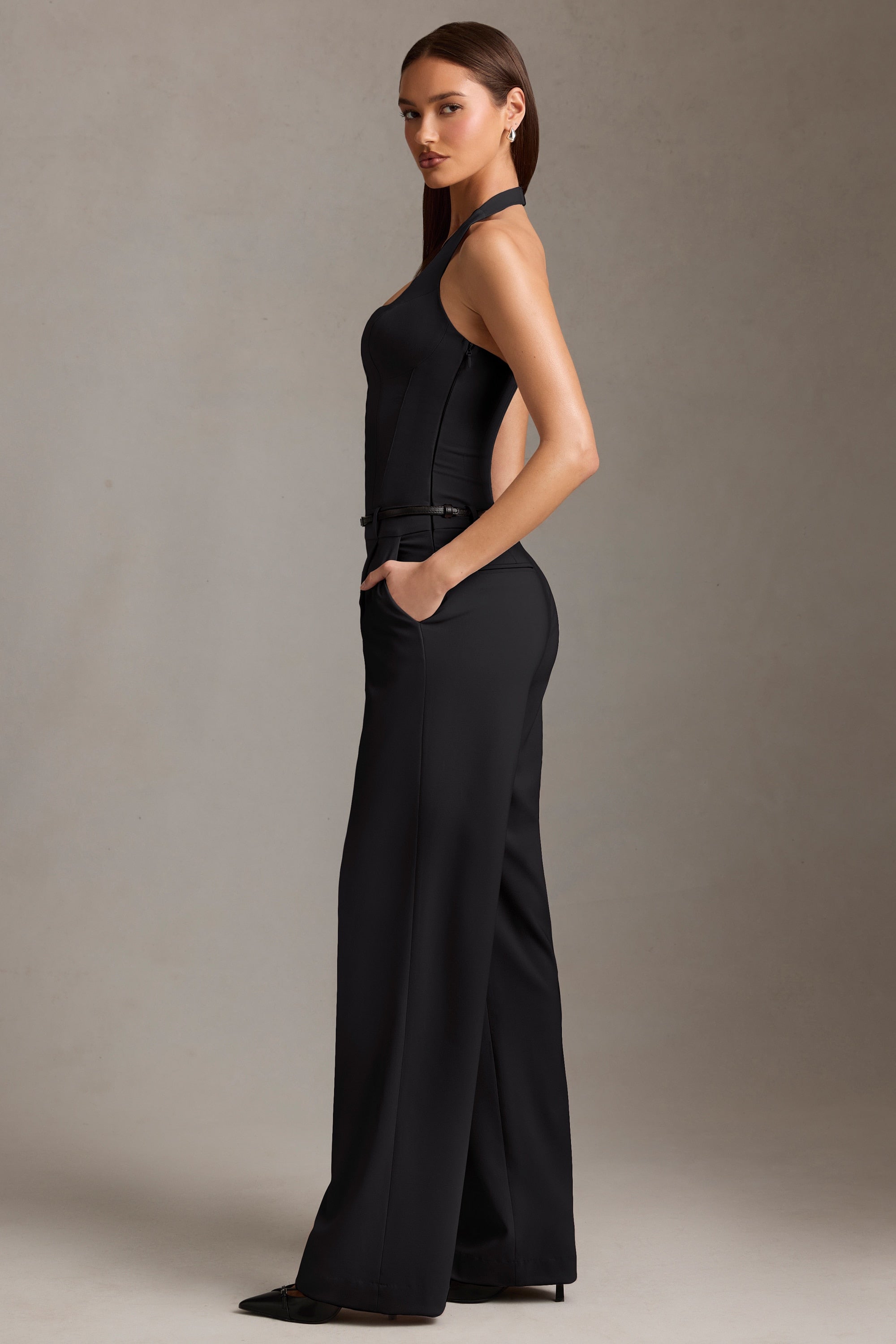 Corset-Detail Halterneck Jumpsuit in Black
