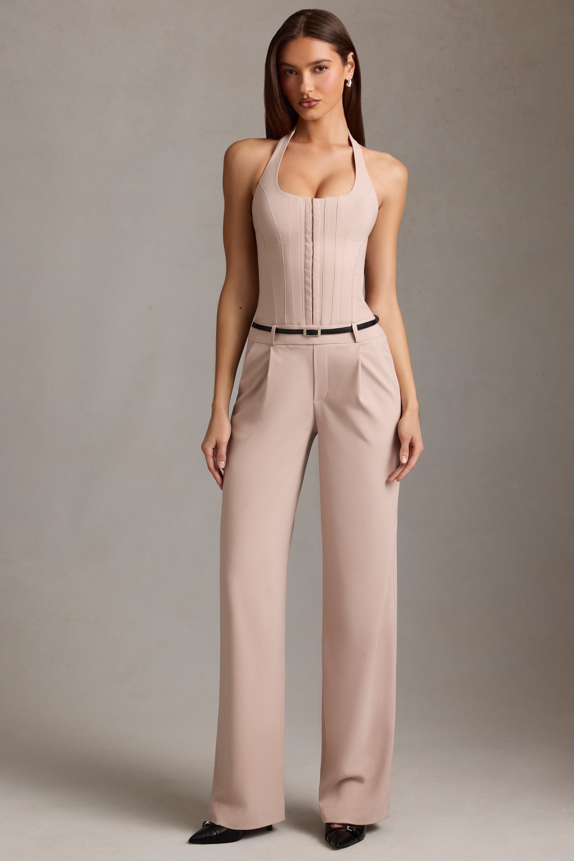 Corset-Detail Halterneck Jumpsuit in Mushroom