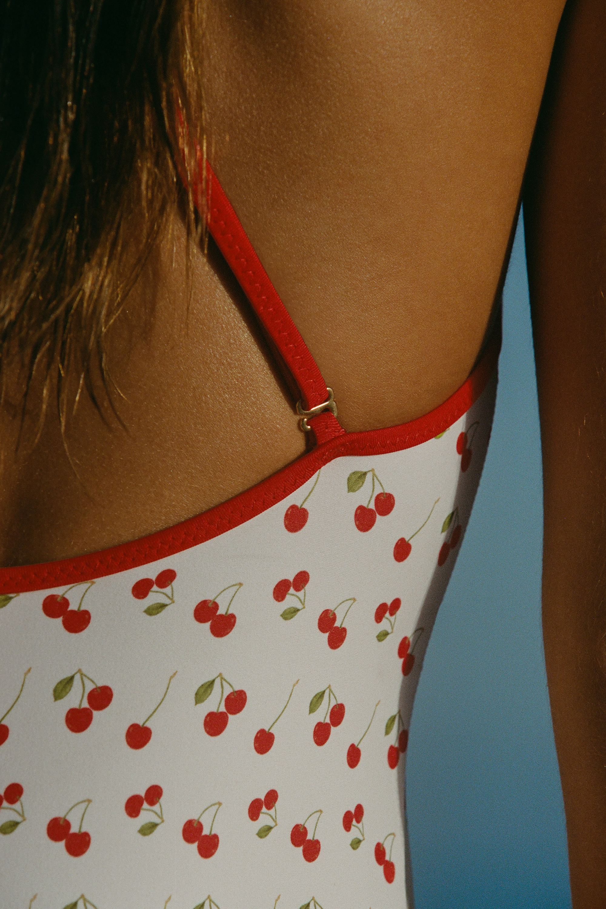 Charm-Detail Cross-Back Swimsuit in Cherry Print