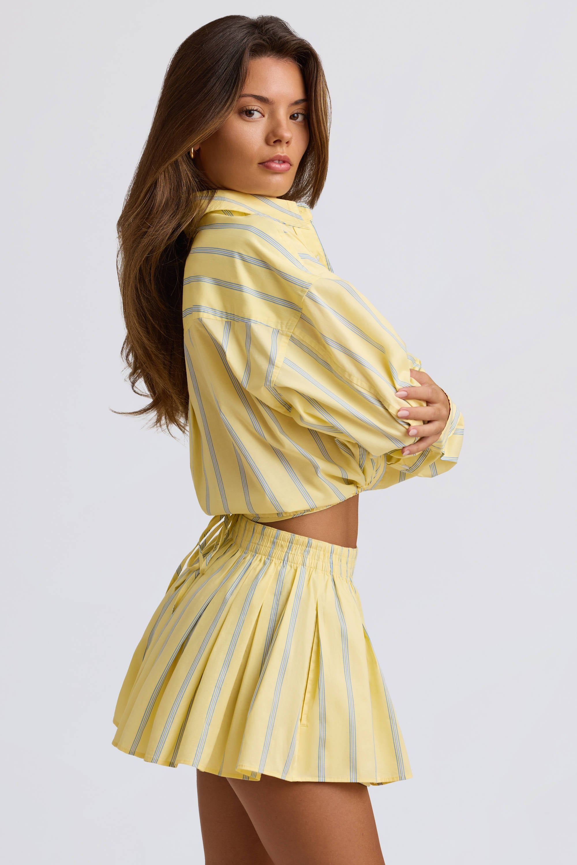 Cotton Poplin Stripe Pleated Shorts in Yellow Stripe