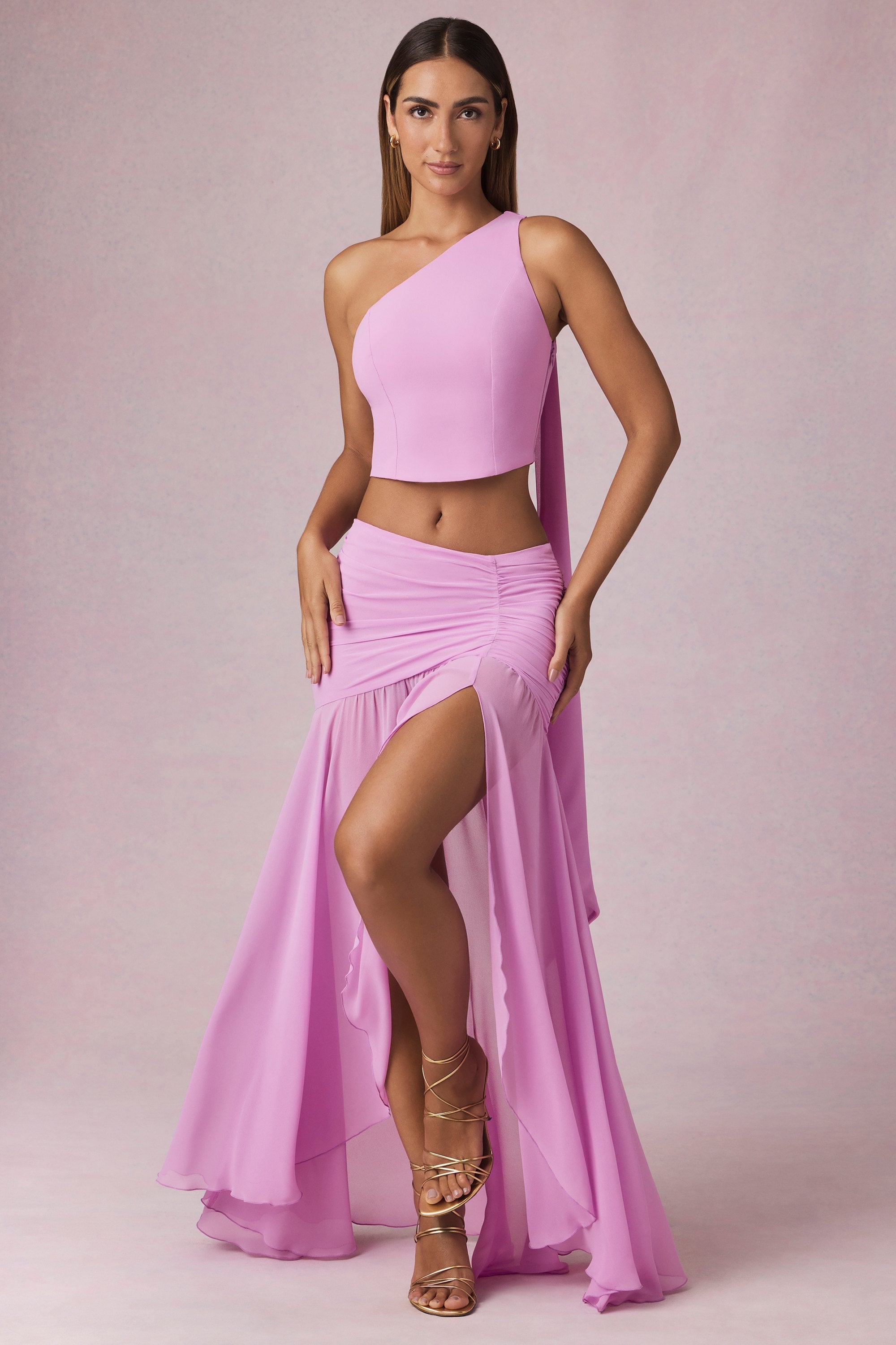 Asymmetric Ruched Maxi Skirt in Pink Orchid