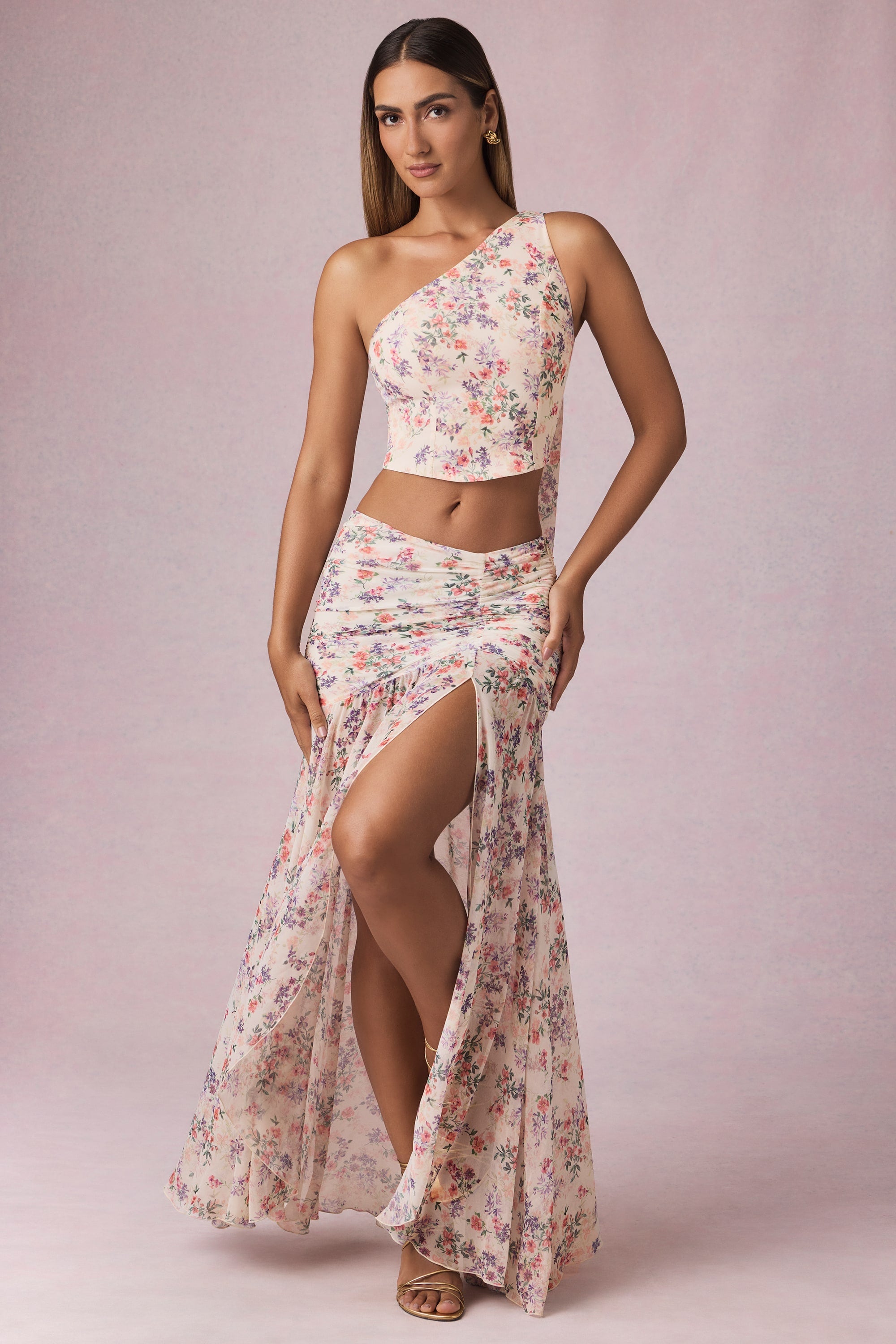 Asymmetric Ruched Maxi Skirt in Primrose Floral Print