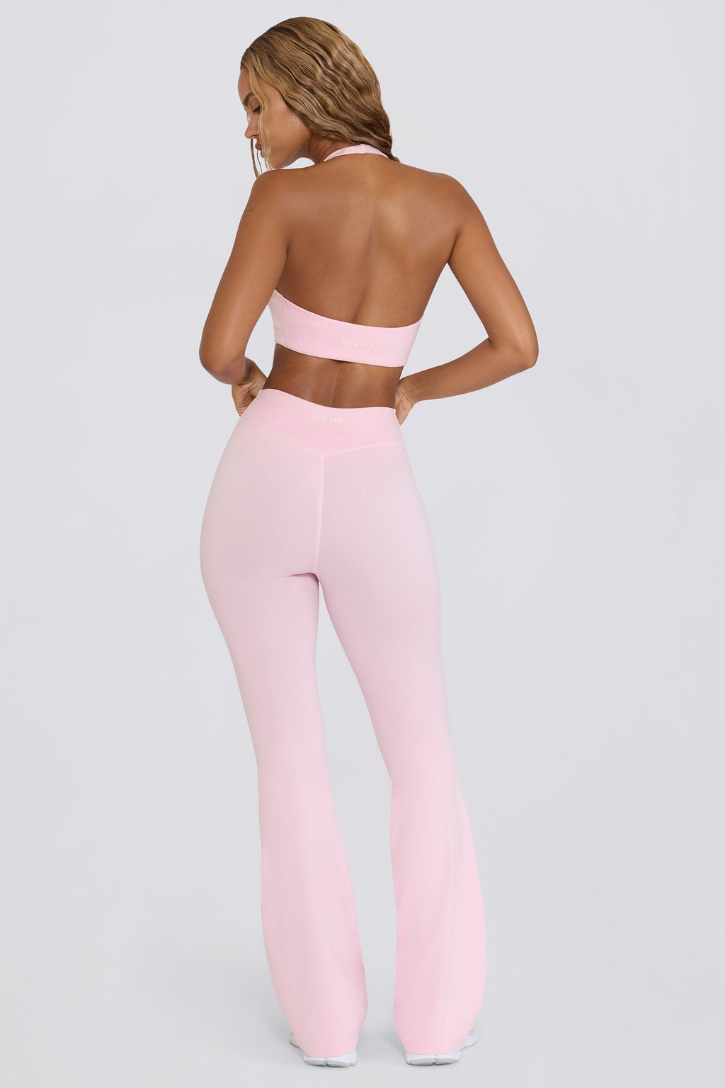 Brushed Jersey Ruched Flared Trousers in Pale Pink Marl