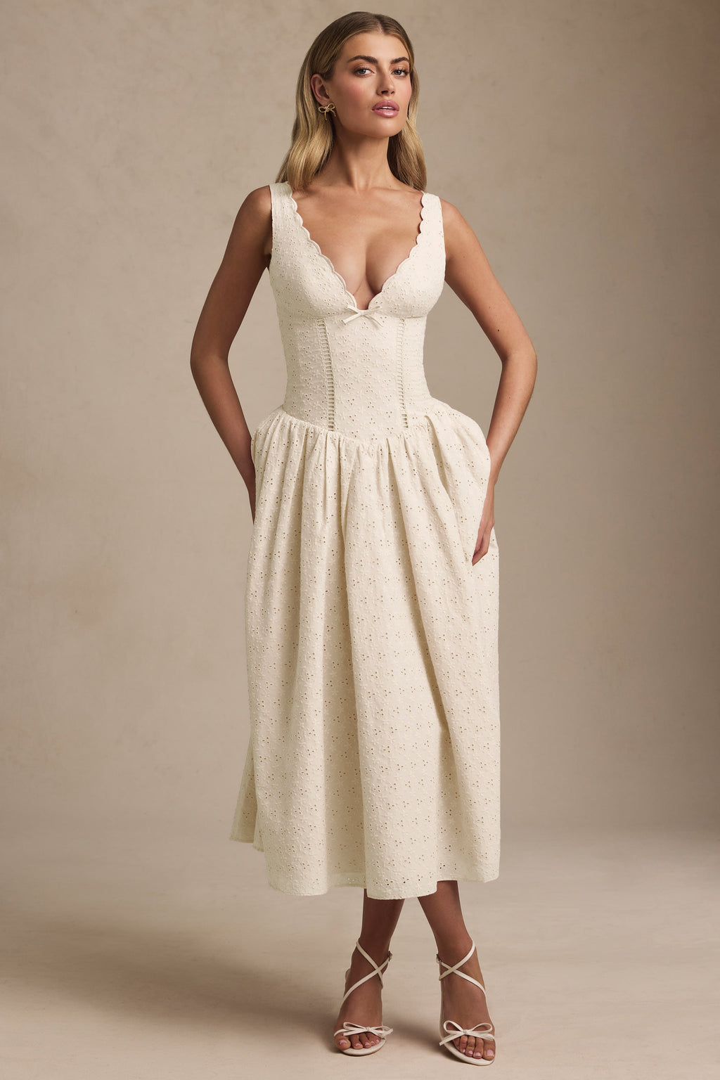 Broderie Anglaise Bow-Detail A-Line Midaxi Dress in Ivory