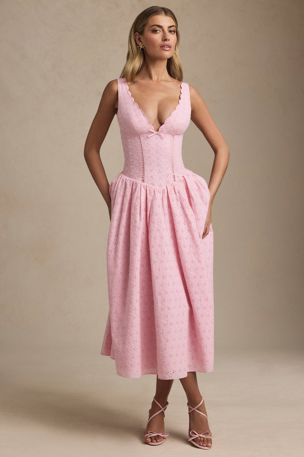 Broderie Anglaise Bow-Detail A-Line Midaxi Dress in Soft Pink