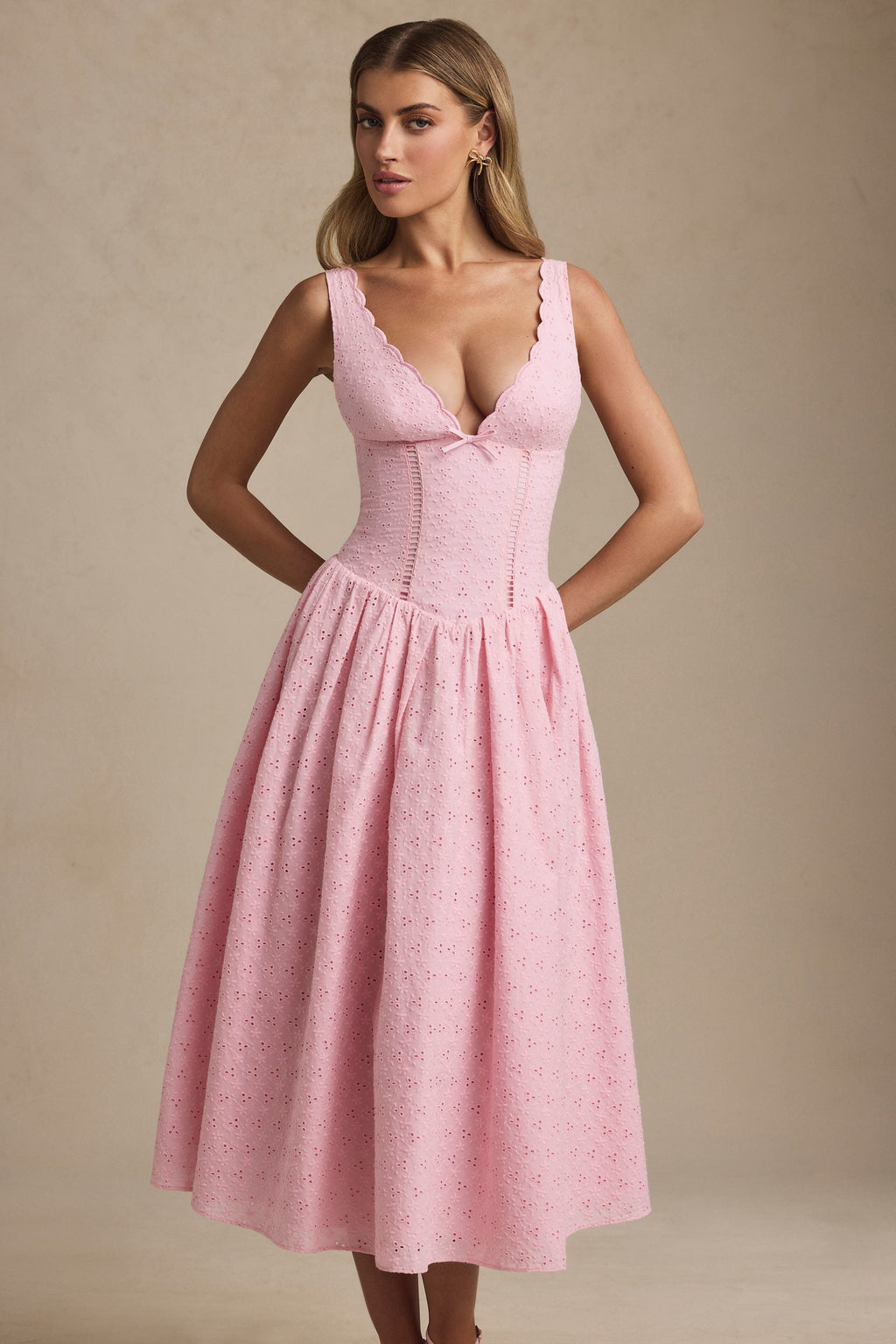 Broderie Anglaise Bow-Detail A-Line Midaxi Dress in Soft Pink