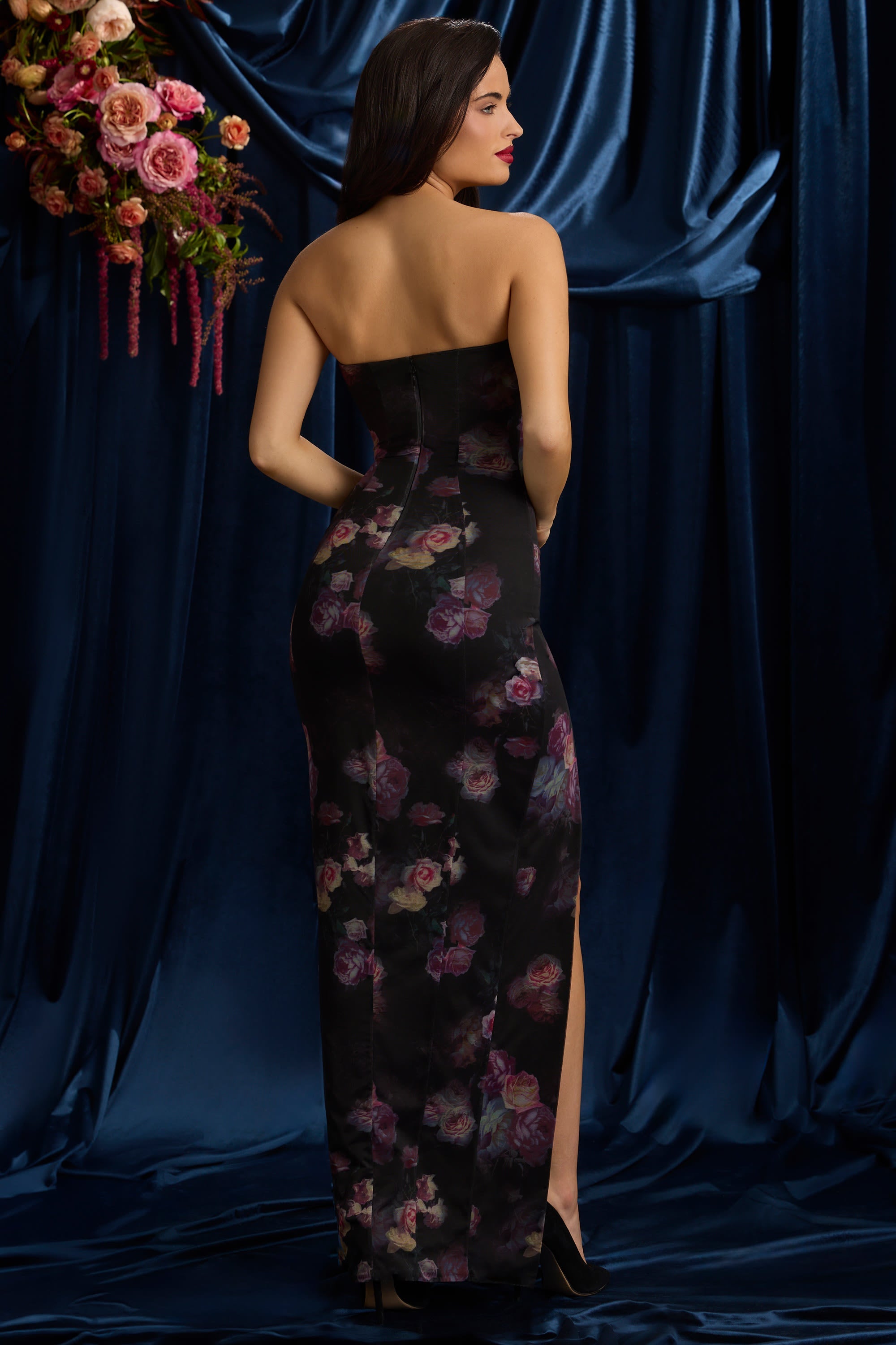 Bandeau Cowl-Neck Maxi Dress in Black Floral Print