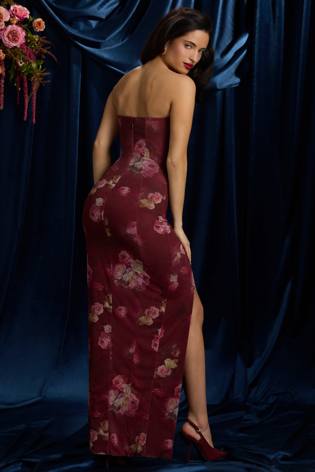 Bandeau Cowl-Neck Maxi Dress in Maroon Floral Print