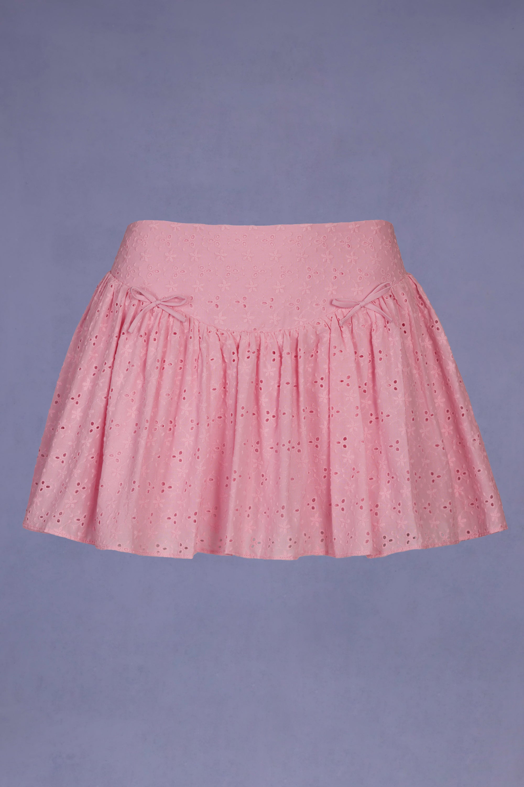 Bow-Detail Broderie Anglaise Mini Skirt in Soft Pink