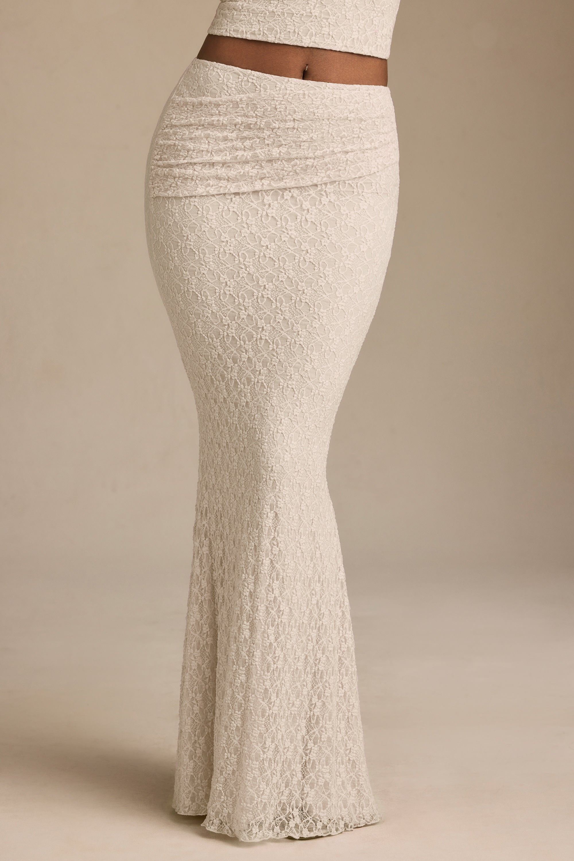 Draped Low-Rise Lace Maxi Skirt in Ivory