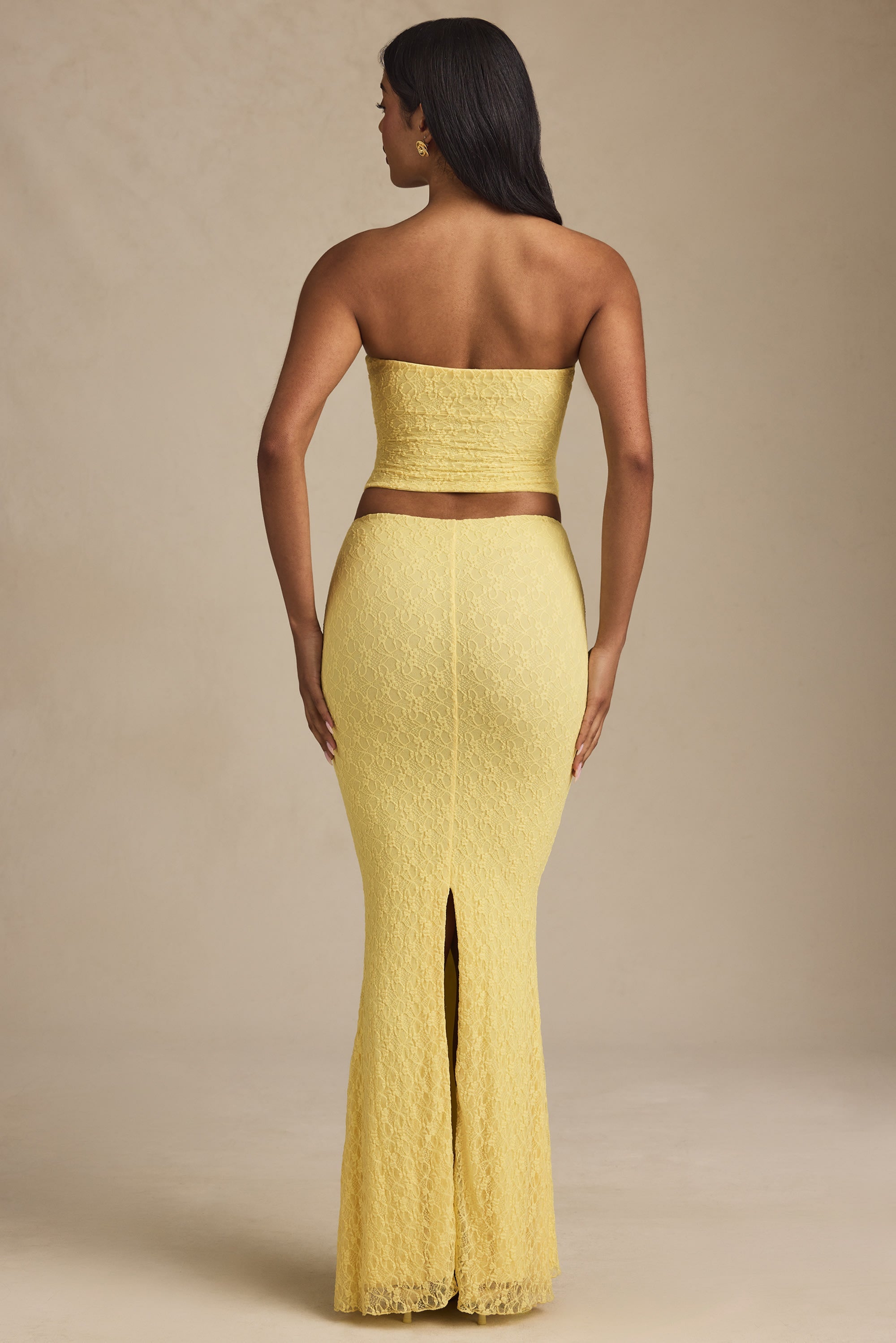 Draped Low-Rise Lace Maxi Skirt in Pastel Yellow
