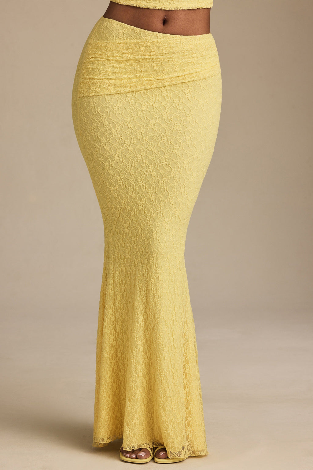 Draped Low-Rise Lace Maxi Skirt in Pastel Yellow
