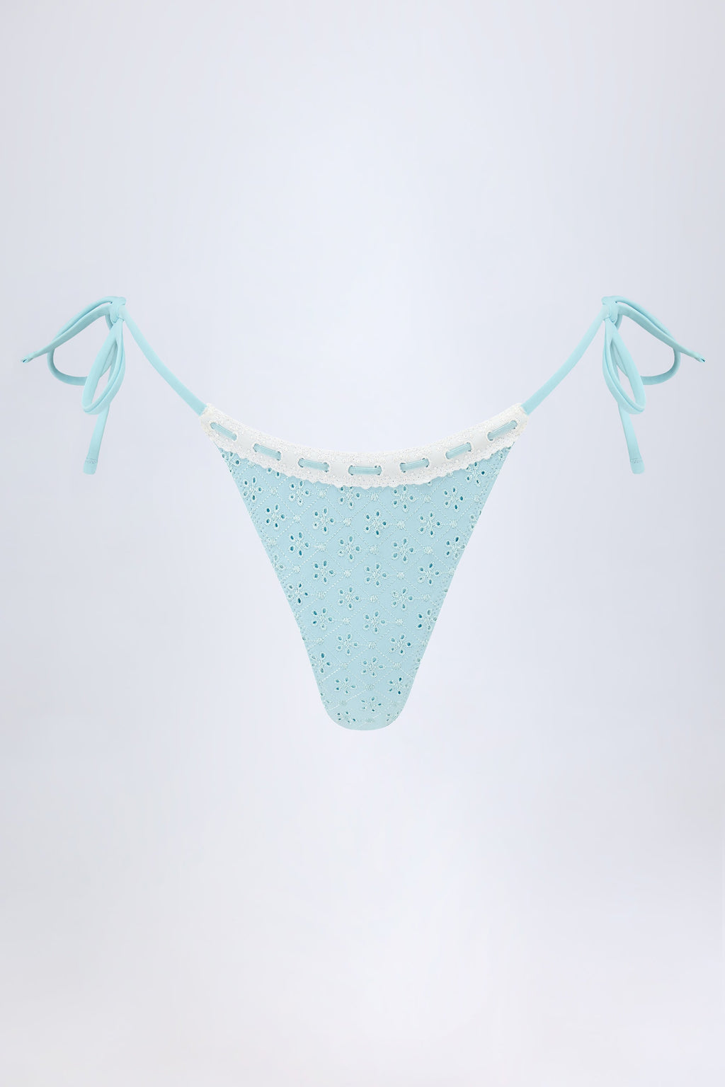 Broderie Anglaise Side-Tie Thong Bikini Bottoms in Powder Blue