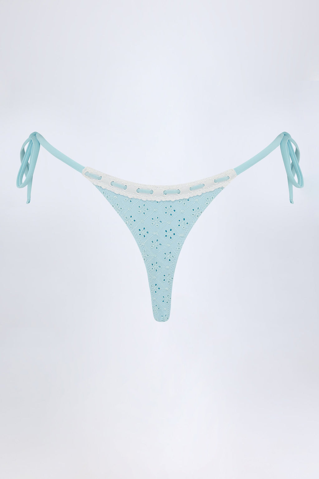 Broderie Anglaise Side-Tie Thong Bikini Bottoms in Powder Blue