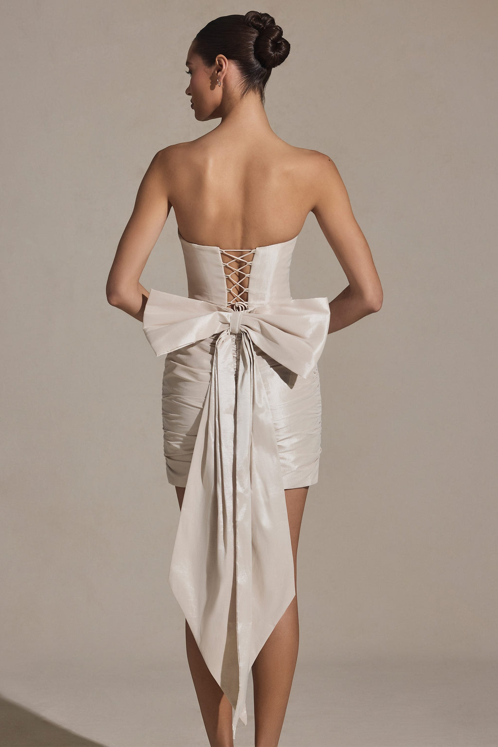 Bow-Detail Strapless Mini Dress in Ivory